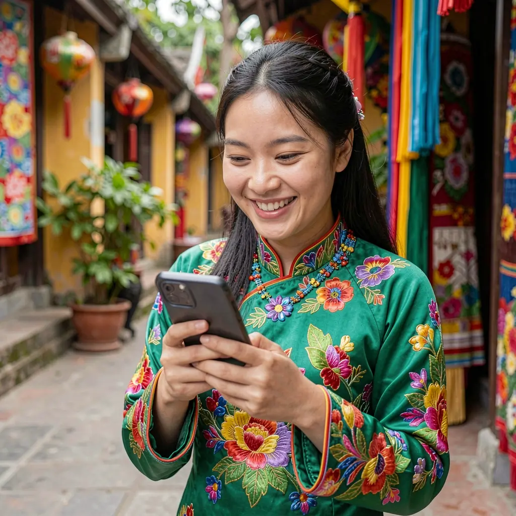 Young Vietnamese woman in a traditional ao dai dress smiling while using the VN69 mobile casino app on her smartphone
